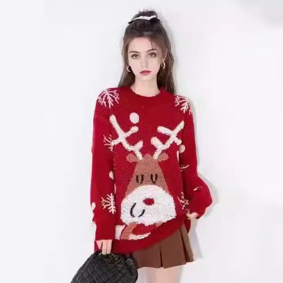 Damen festlicher Strickpullover mit Rentier-Motiv und Schneeflocken Drune