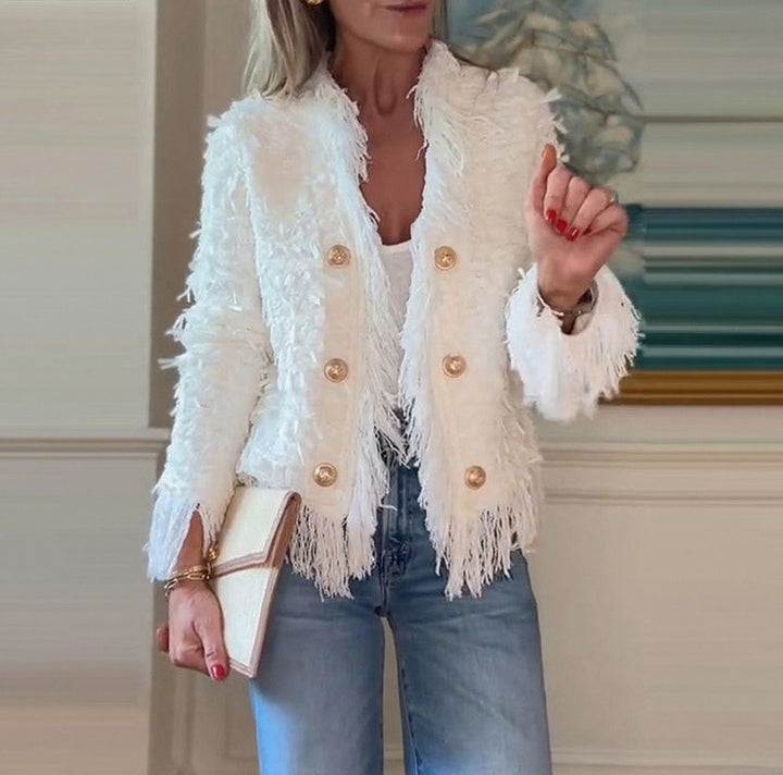 Damen Fransenjacke mit goldenen Knöpfen Drune