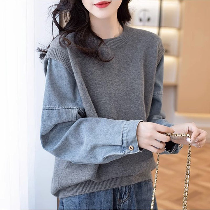 Damen Strickpullover mit Denim-Ärmeln Drune