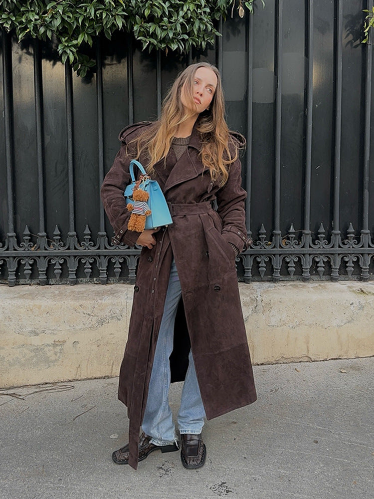 Damen Modischer und bequemer lange Suede-Trenchcoat Drune
