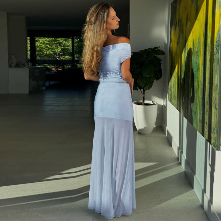 Damen Elegantes Offshoulder Maxi-Set mit transparentem Rock und gerafftem Oberteil Drune