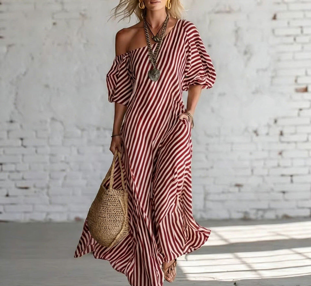 Damen Maxikleid mit asymmetrischem Schnitt und auffälligen Streifen Drune