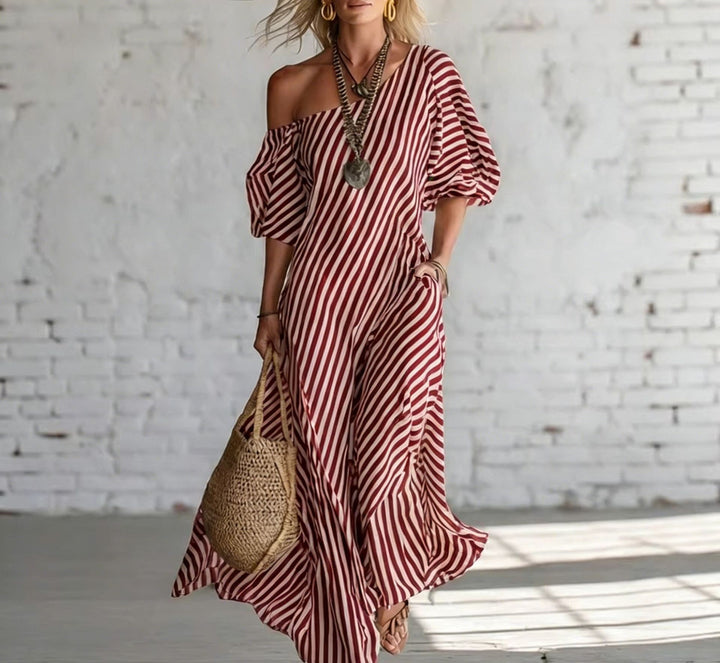 Damen Maxikleid mit asymmetrischem Schnitt und auffälligen Streifen Drune