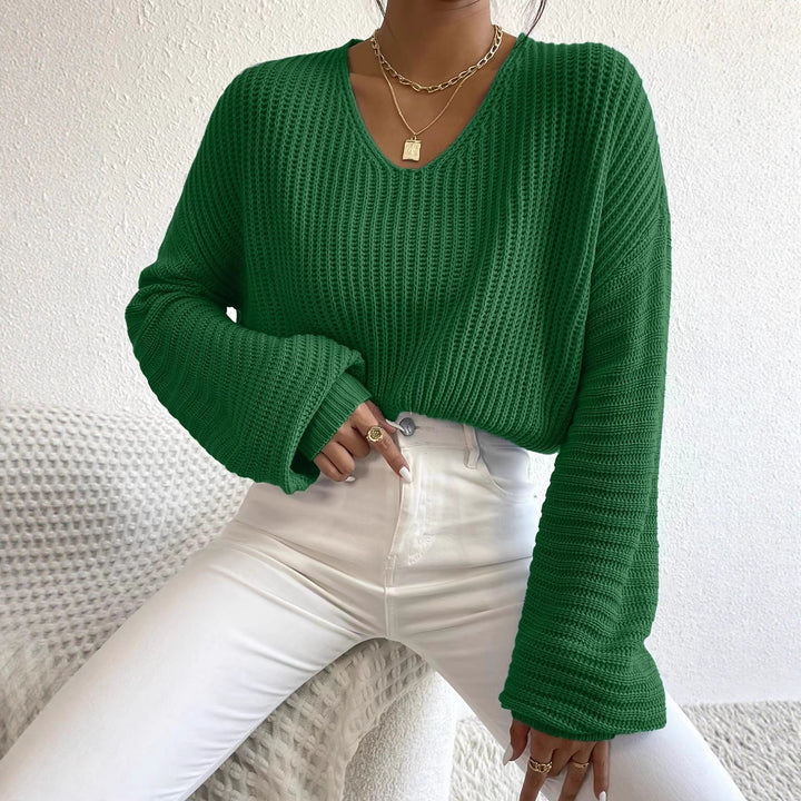 Damen luftiger Strickpullover mit weitem V-Ausschnitt und langen Ärmeln Drune