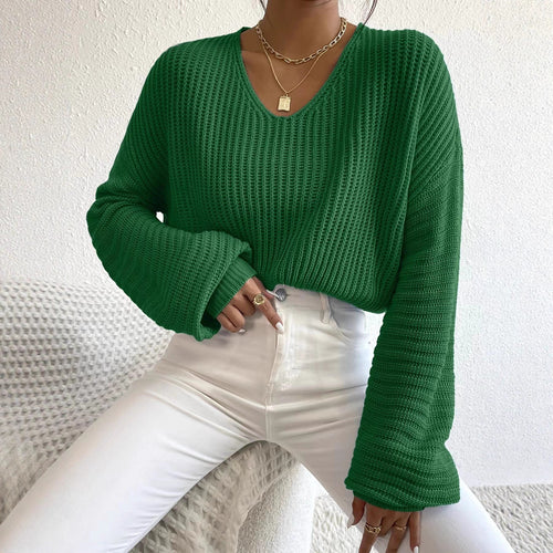 Damen luftiger Strickpullover mit weitem V-Ausschnitt und langen Ärmeln Drune