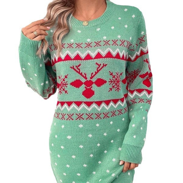 Damen festliches Strickkleid mit Weihnachtsmotiv und Rundhalsausschnitt Drune