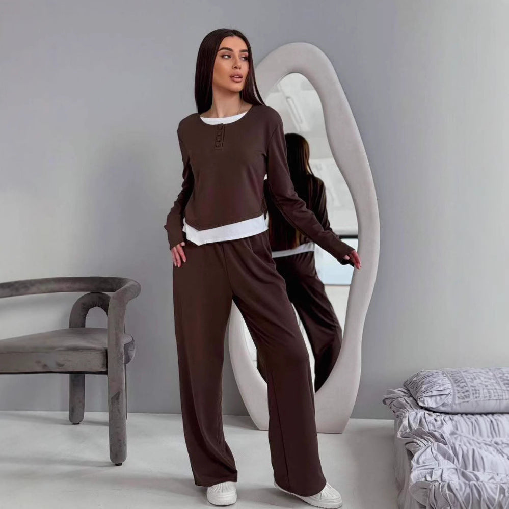Damen bequeme Lounge-Hose und langärmliges Oberteil-Set Drune