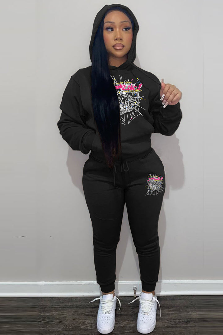Damen Hoodie und Jogginghose Set mit einzigartigem Spinnennetz-Design Drune