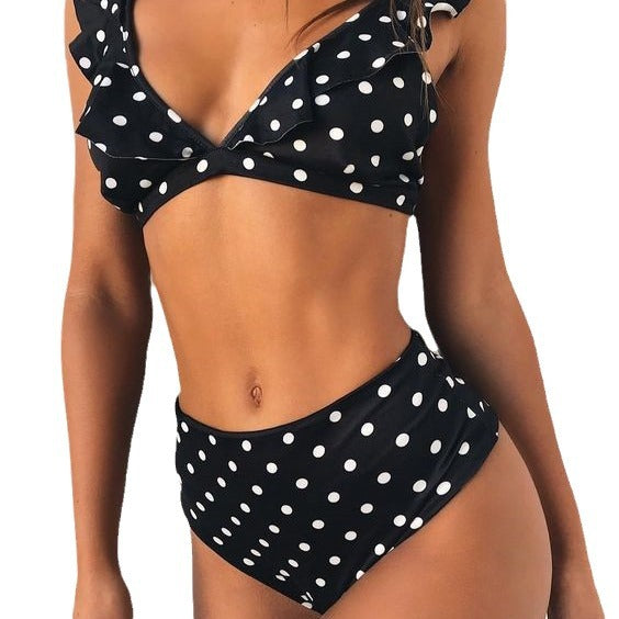 Damen Hoch tailliertes Bikini-Set mit verspielten Rüschen und Pünktchen Drune