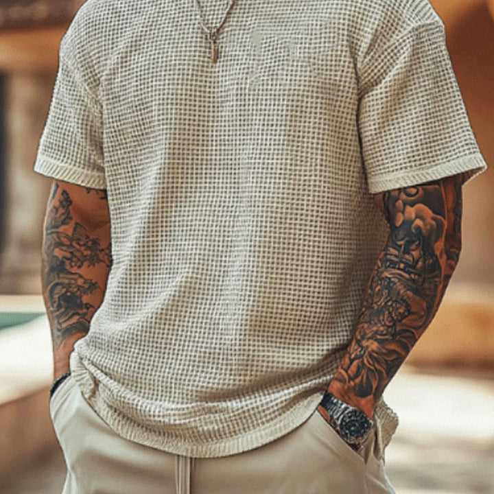 Herren lässiges Waffelstrick-T-Shirt mit Rundhalsausschnitt Drune