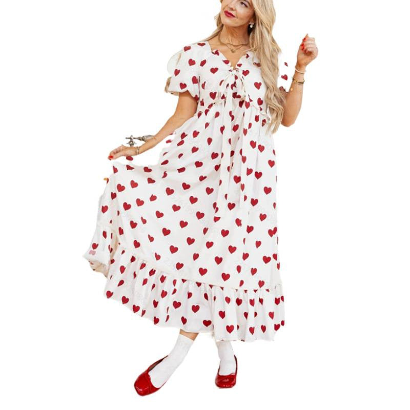 Damen Maxikleid mit verspieltem Herzmuster und Volantdetails Drune