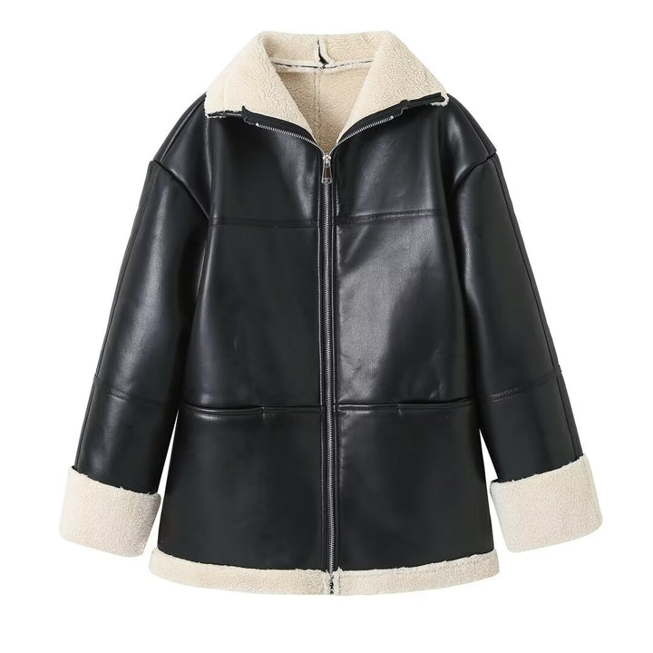 Damen gesteppte Kunstlederjacke mit warmem Innenfutter und elegantem Revers Drune