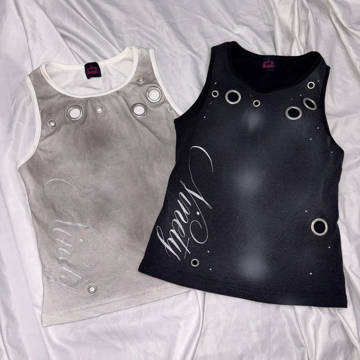 Damen Trendiges Tanktop mit dekorativen Ösen und schimmerndem Stoff Drune