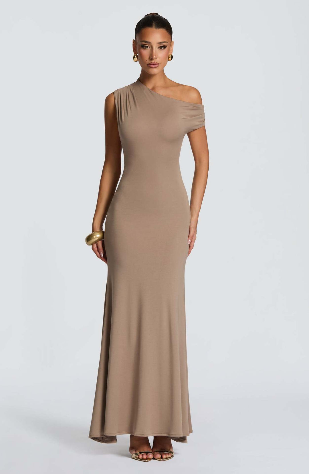 Damen Elegantes asymmetrisches Maxikleid mit schulterfreiem Design Drune
