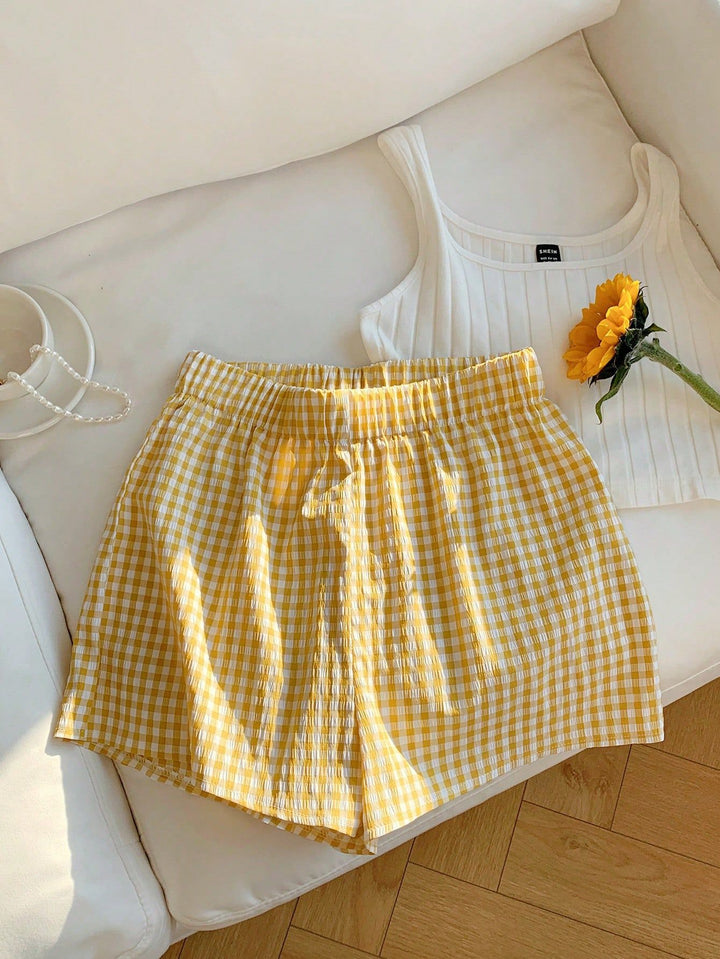 Damen luftige Karoshorts mit elastischem Bund und seitlichen Taschen Drune
