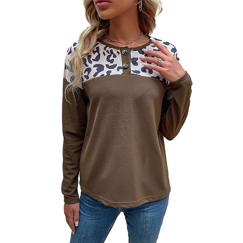 Damen modischer Sweatshirt mit Animal-Print-Akzenten und Knopfdetails Drune
