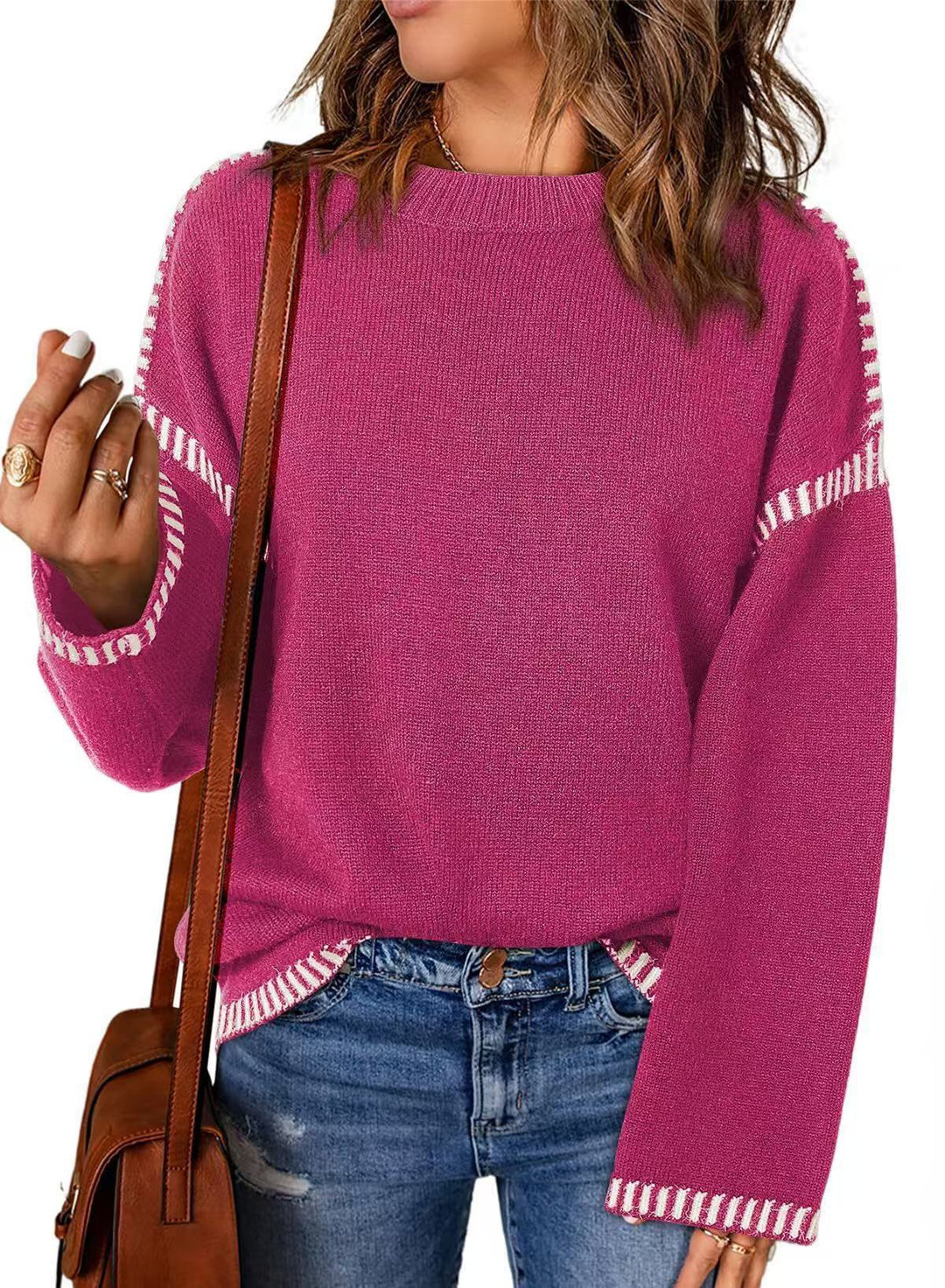 Damen lässiger Strickpullover mit kontrastierenden Bündchen und lässigem Schnitt Drune