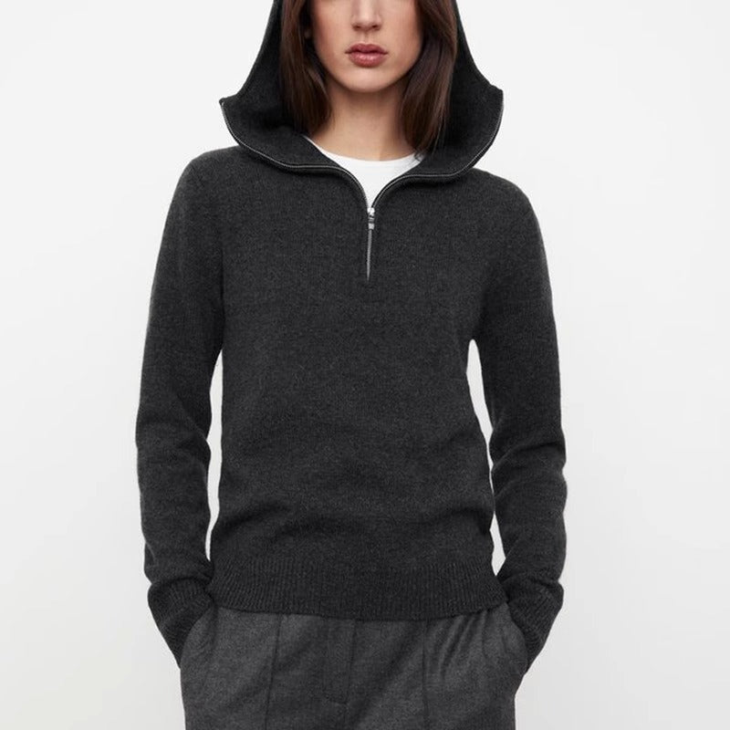 Damen eleganter Strickpullover mit Kapuze und halbem Reißverschluss Drune