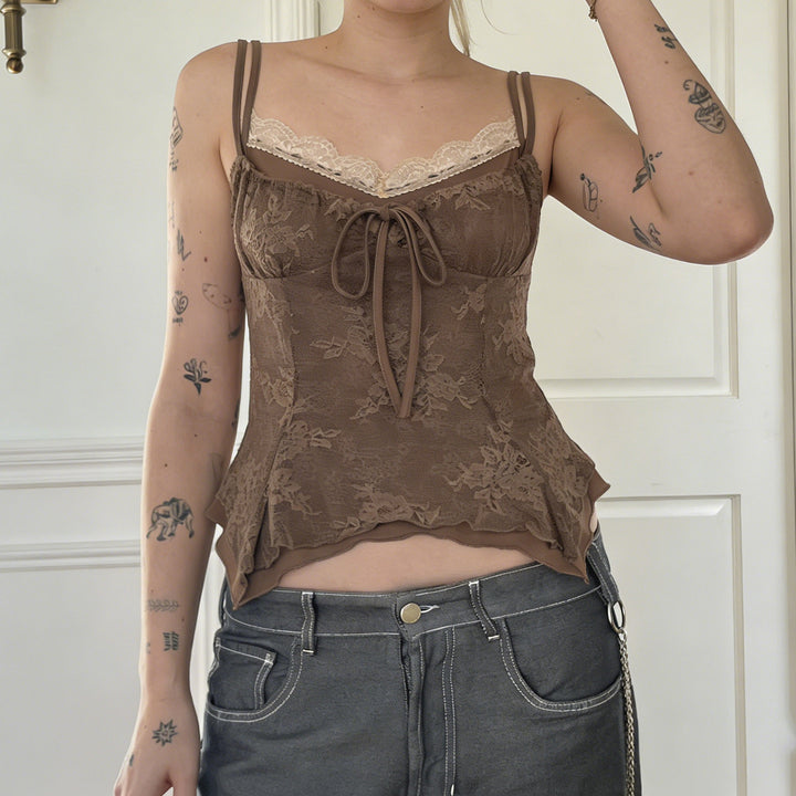 Damen Spitzen-Corsage-Oberteil mit raffinierten Trägerdetails und elegantem Knoten Drune