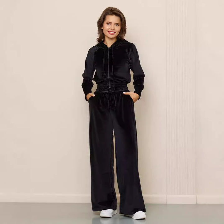 Damen luxuriöser Velours-Hoodie und weite Hose Set Drune