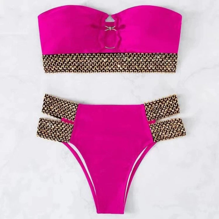 Damen Bandeau-Bikini mit goldenen Akzenten und hohem Taillenschnitt Drune
