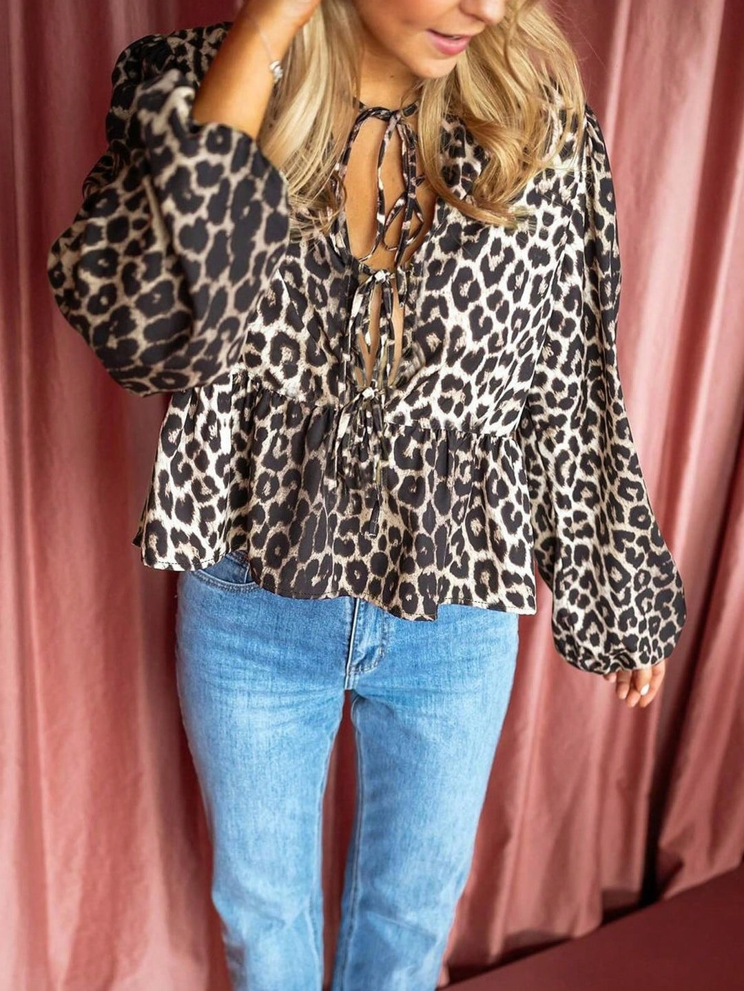 Damen Bluse mit Leo-Print und Rüschen Drune