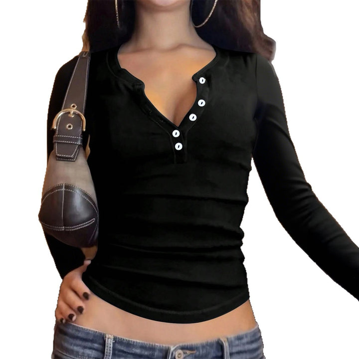 Damen nan tailliertes Henley-Longsleeve mit V-Knopfleiste, figurformendem Stretchjersey und schmaler Silhouette Drune