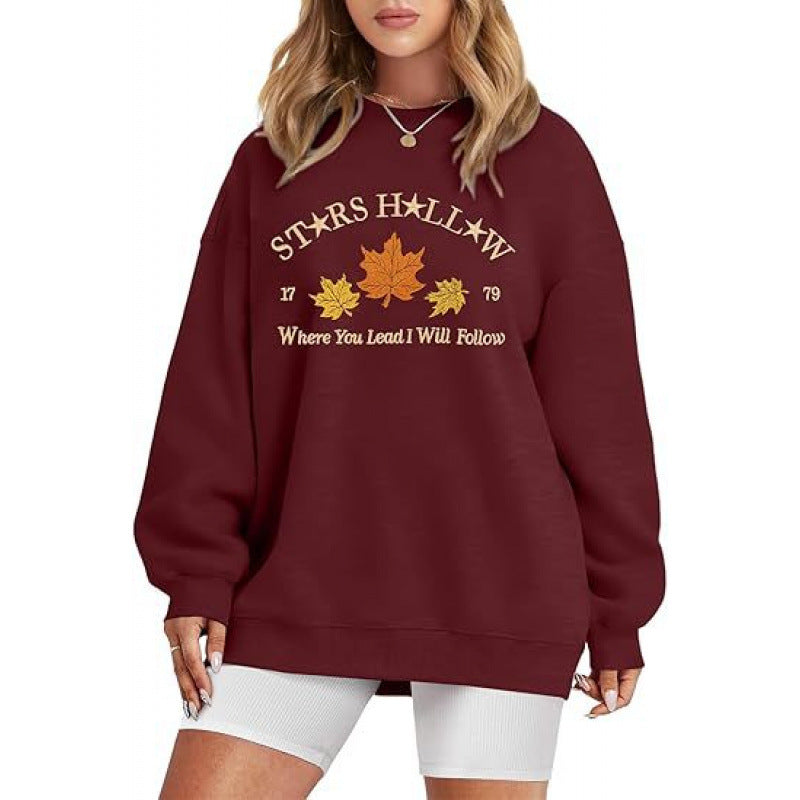 Damen Sweatshirt mit weitem Schnitt und dekorativem Herbstmotiv Drune