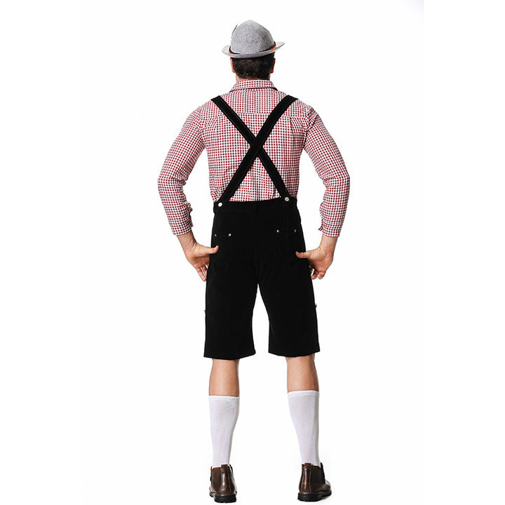 Herren nan authentische Trachten-Kniebundhose aus wildlederähnlichem Material mit verstellbaren Trägern und besticktem Brustlatz Drune