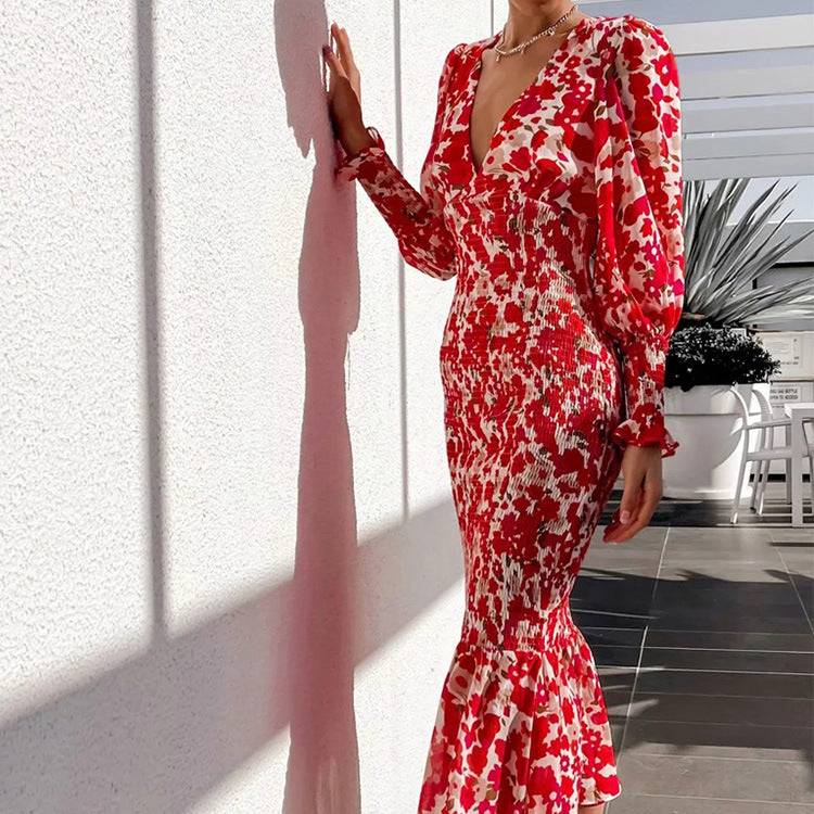 Damen Blütenmuster Kleid mit voluminösen Ärmeln Drune