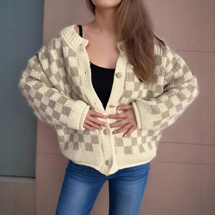 Damen gemusterte Strickjacke mit großen Knöpfen und lockerem Schnitt Drune