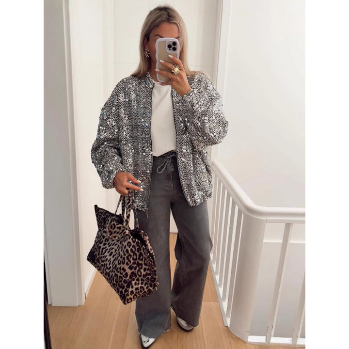 Damen Funkelnde Paillettenjacke mit lässigem Schnitt Drune
