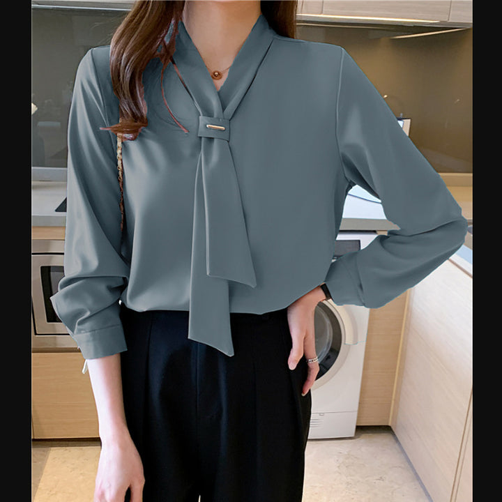 Damen Bluse mit elegantem Schlaufenkragen und seidigem Finish Drune