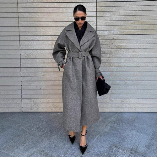 Damen Eleganter Wickelmantel mit breitem Kragen und Gürtel Drune