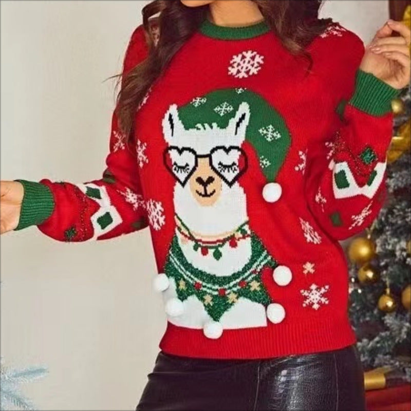 Damen Weihnachtspullover mit verspieltem Lama-Motiv und dekorativen Pompons Drune