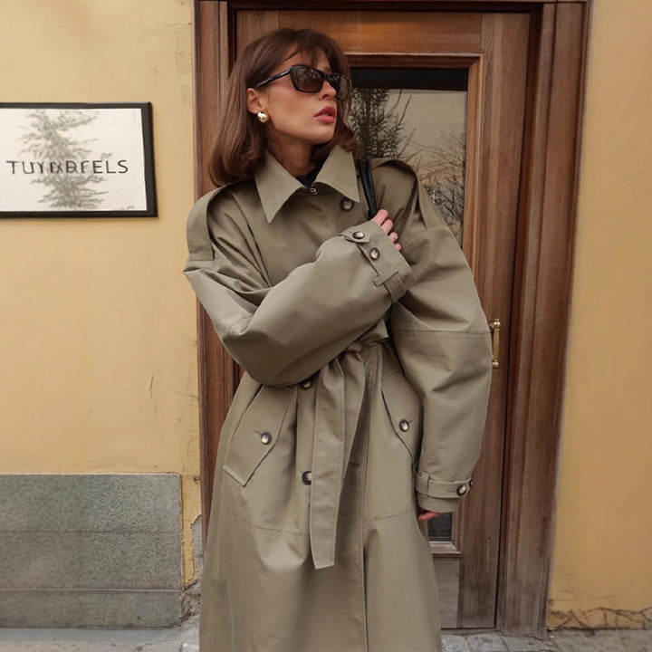 Damen Trenchcoat mit Bindegürtel und praktischen Taschen Drune