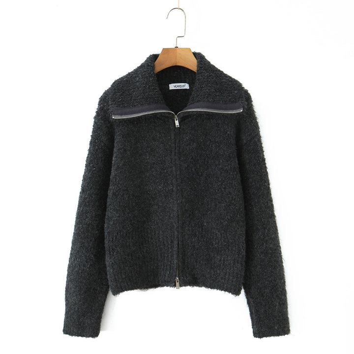 Damen elegante Kurzjacke mit weichem Stehkragen und Reißverschluss Drune