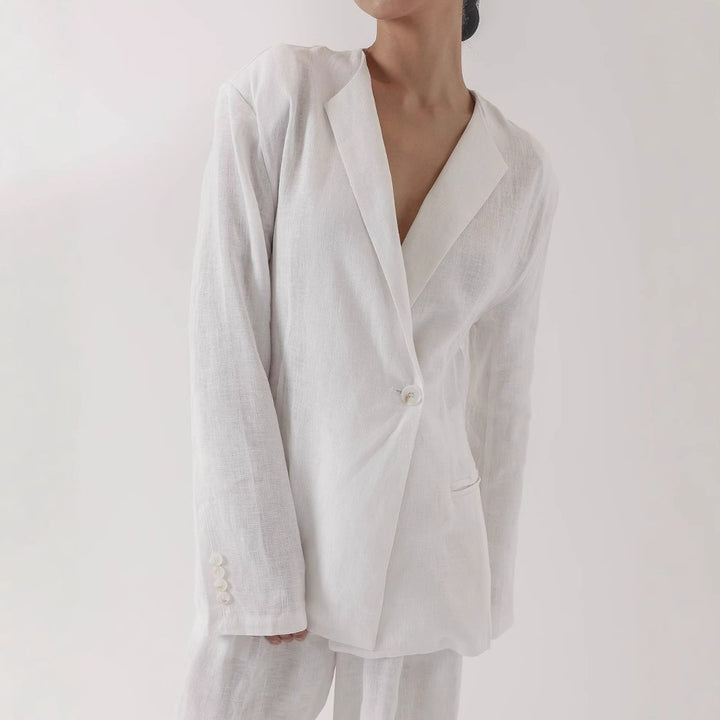 Damen elegantes Leinenanzug-Set mit langärmliger Jacke und weitem Schnitt Drune