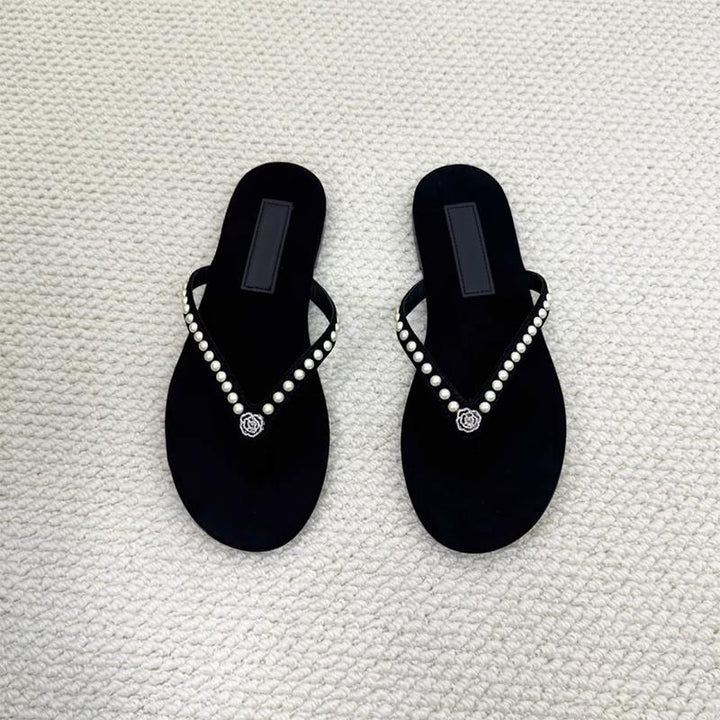 Damen Zehentrenner-Sandalen mit dekorativem Perlenschmuck und komfortablem Fußbett Drune
