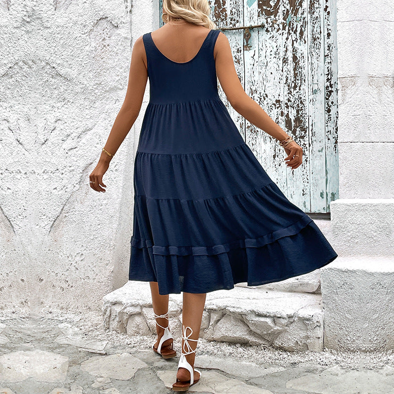 Damen lässiges Bodenkleid mit Knopfleiste und Rüschenvolant Drune