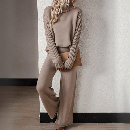 Damen Stilvolles Strickset mit hohem Kragen und weiter Hose Drune