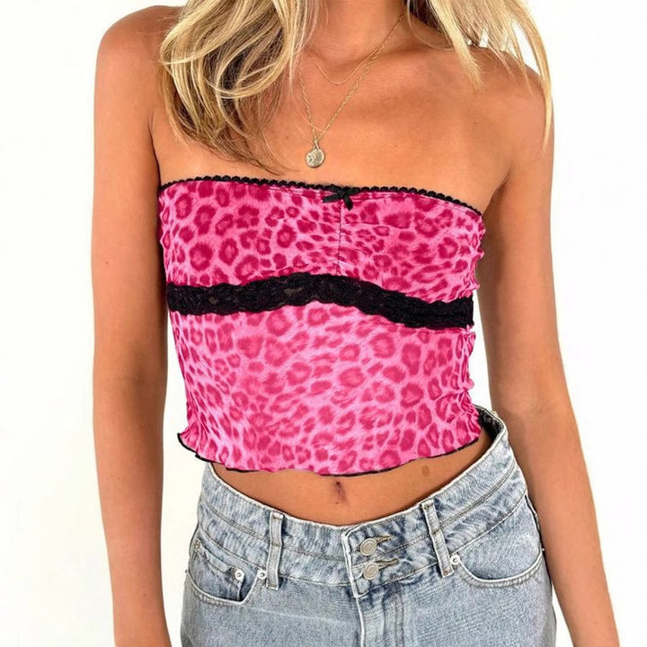 Damen Bandeau-Top mit trendigem Leopardenmuster und zarter Spitzenkante Drune