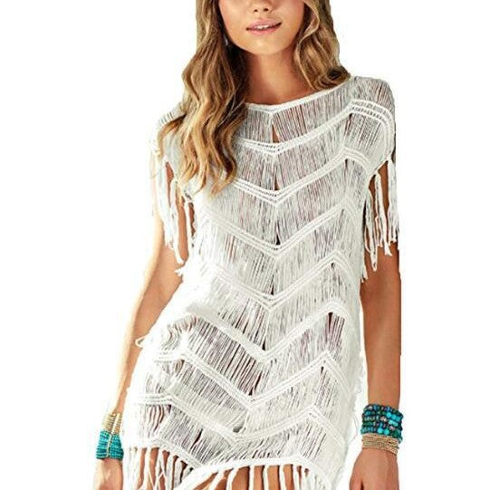 Damen luftiger Häkel-Strandponcho mit Fransen und elegantem Design Drune