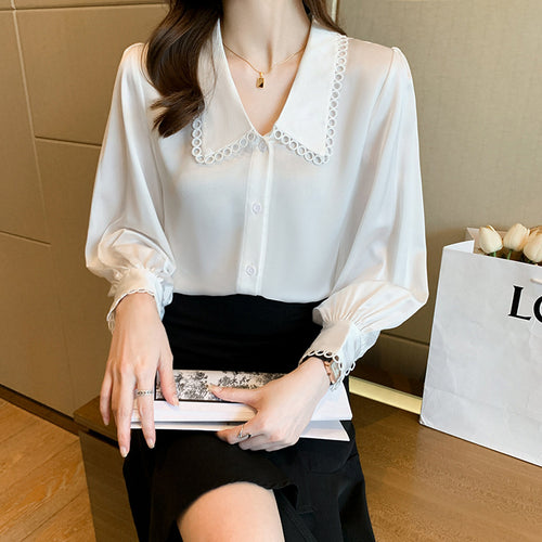 Damen Bluse mit dekorativem Kragen und eleganten Puffärmeln Drune