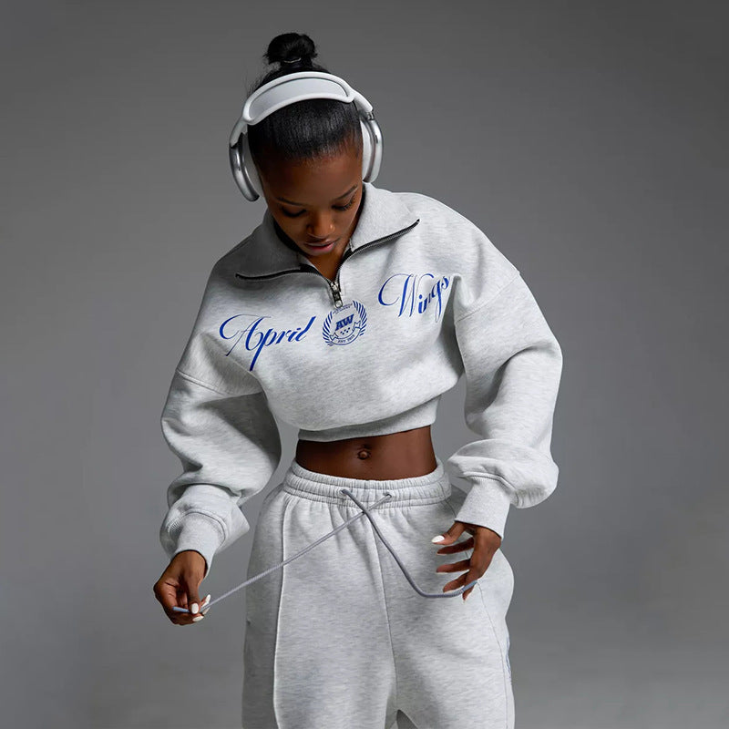 Damen lässiger Sweat-Pullover mit Reißverschluss und slouchy Jogginghose Drune