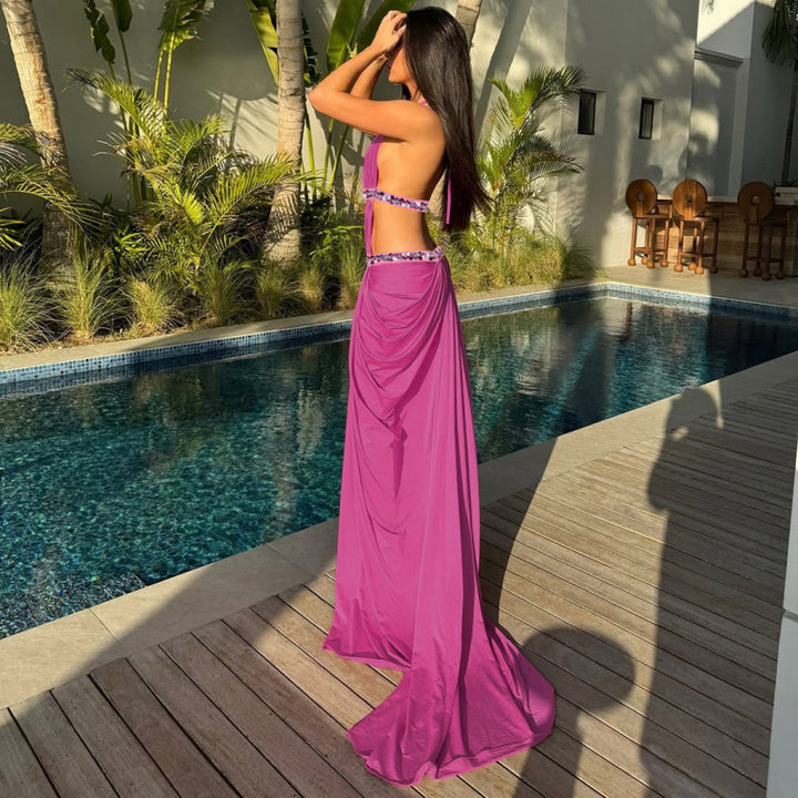 Damen Elegantes Abendkleid mit raffinierten Drapierungen und Spitzenakzenten Drune