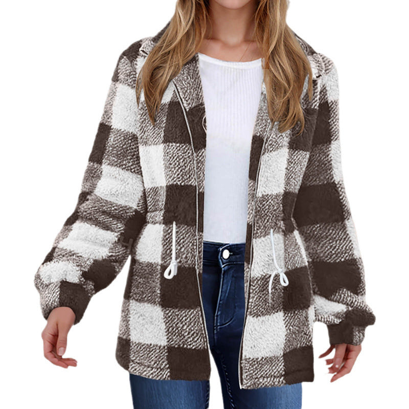 Damen kuschelige Oversize-Jacke mit kariertem Muster Drune