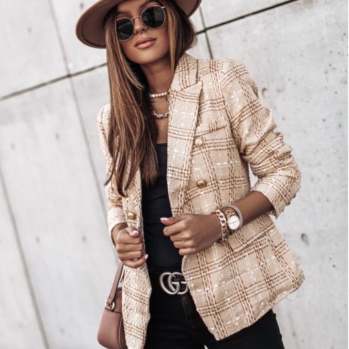 Damen Eleganter Tweed-Blazer mit doppelter Knopfreihe und strukturiertem Gewebe Drune