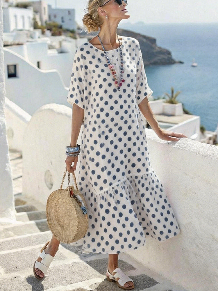 Damen Sommermaxikleid mit grafischem Muster und voluminösem Saum Drune