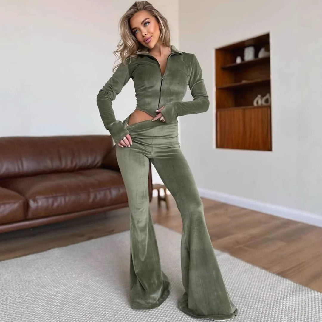 Damen lässiger Fleece-Jumpsuit mit hohem Kragen und weitem Bein Drune